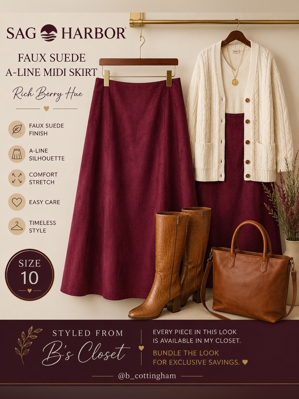 Sag Harbor Berry Faux Suede A-Line Midi Skirt Size 10 Fall Quiet Luxury
